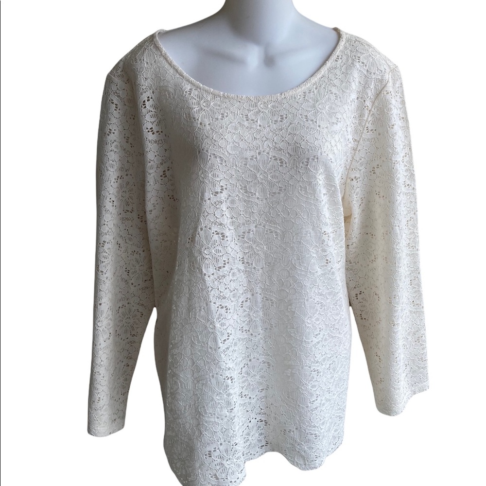 Loft XL Sheer Lace Overlay Blouse Top Ivory Back Button Cotton Blend NWT